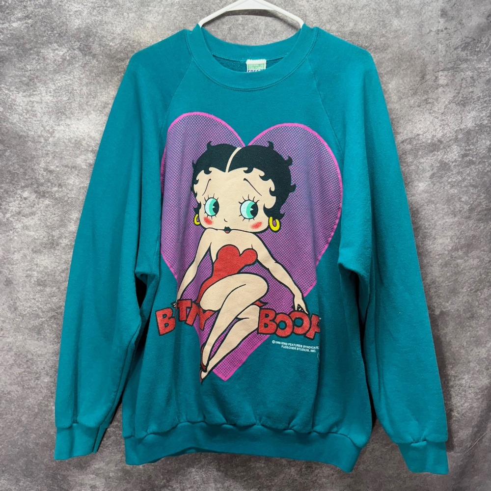 Vintage 1993 Betty Boop Freeze Teal Heart Graphic Sweatshirt Double Sided OSFA - Picture 1 of 10